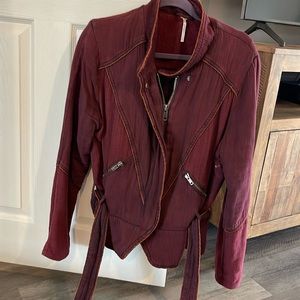 Free People wine color zip up coat with tie at waist
